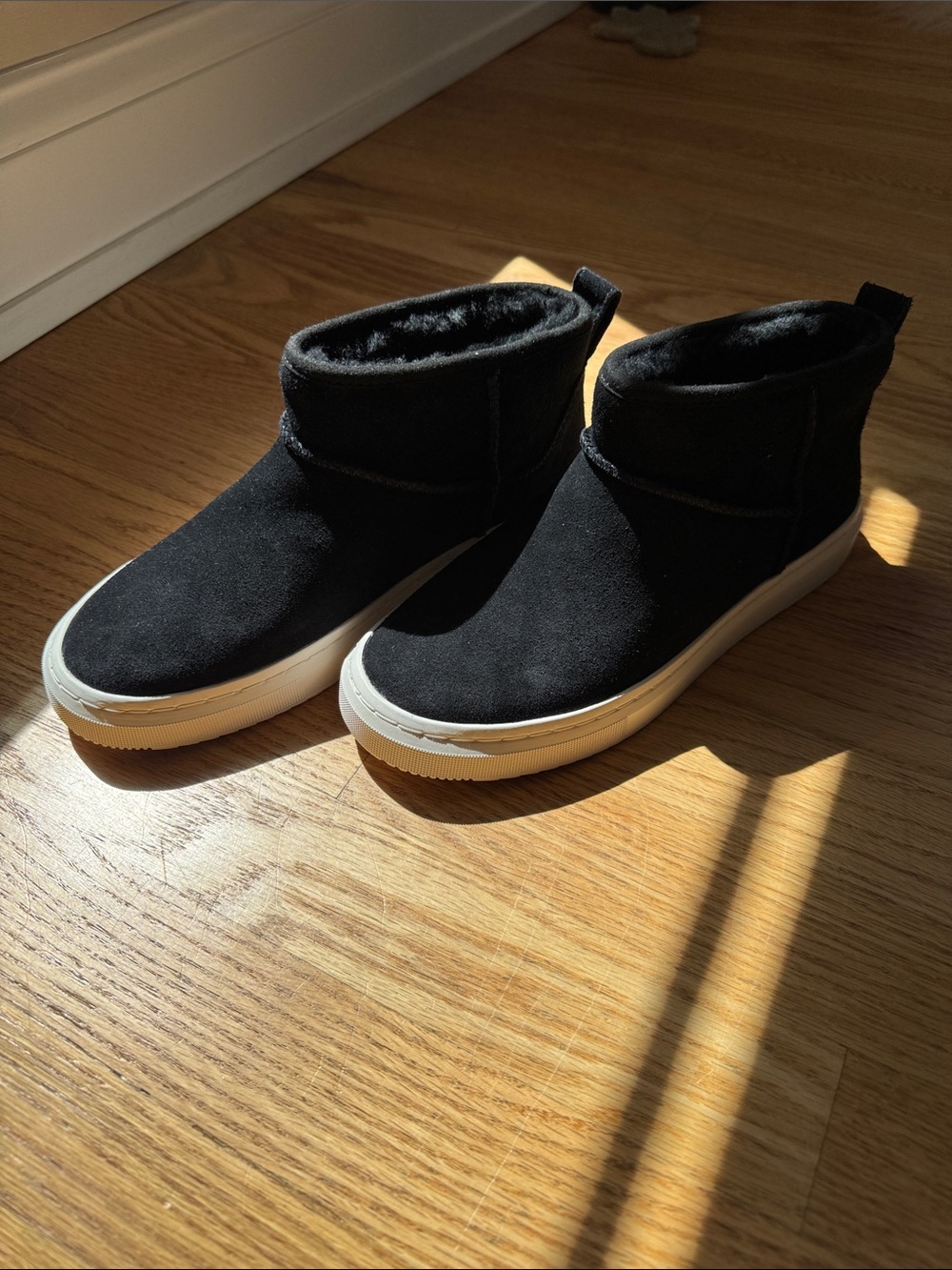 UGG Black Suede Ankle Booties with White Sole